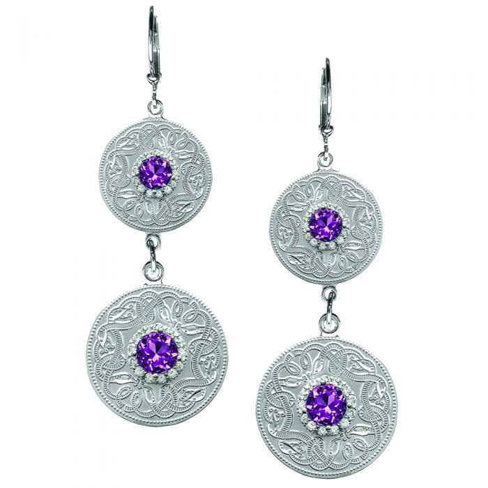 Celtic Warrior Style Double Earrings with Amethyst and Clear CZ Stones