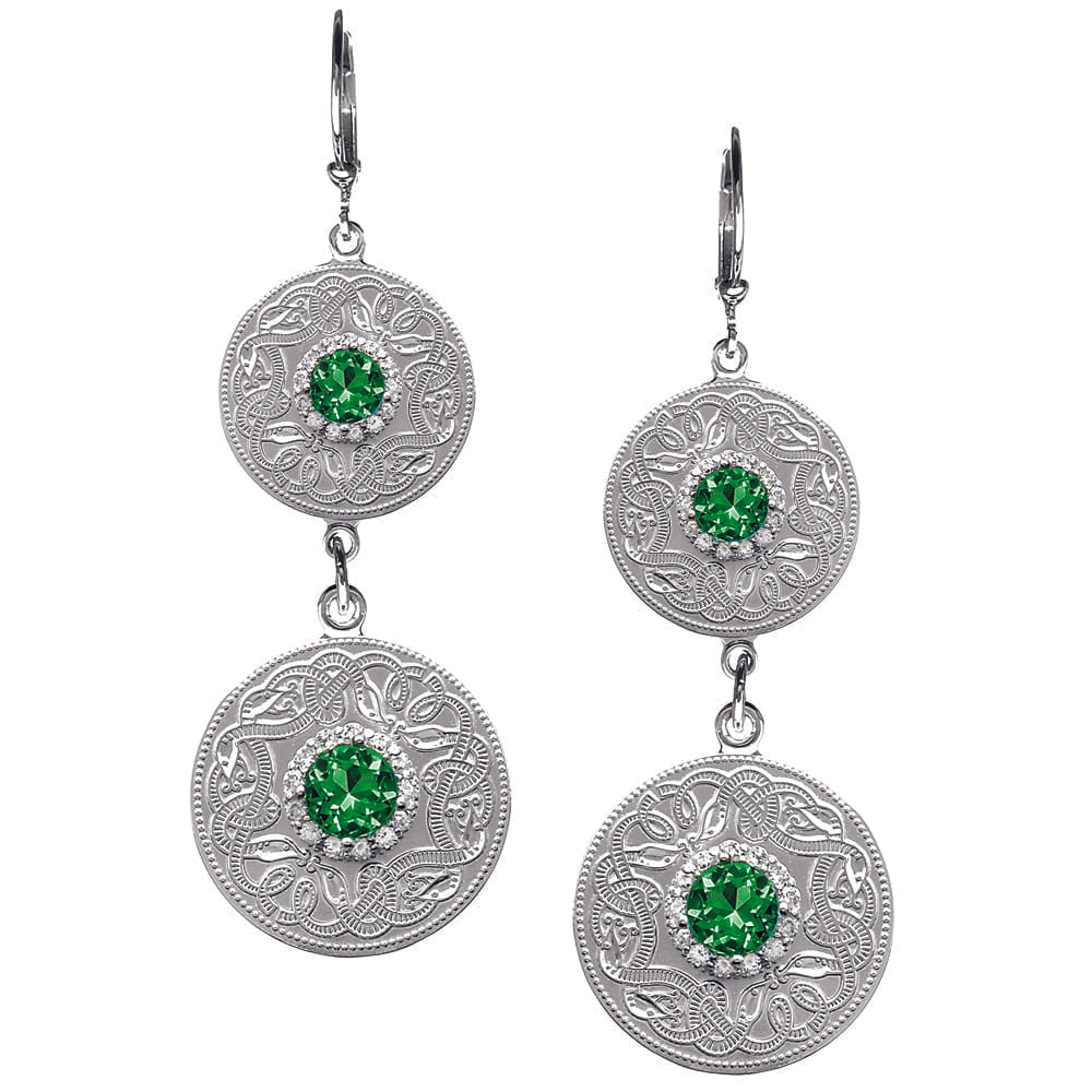 Celtic Warrior Style Double Earrings with Emerald and Clear CZ Stones