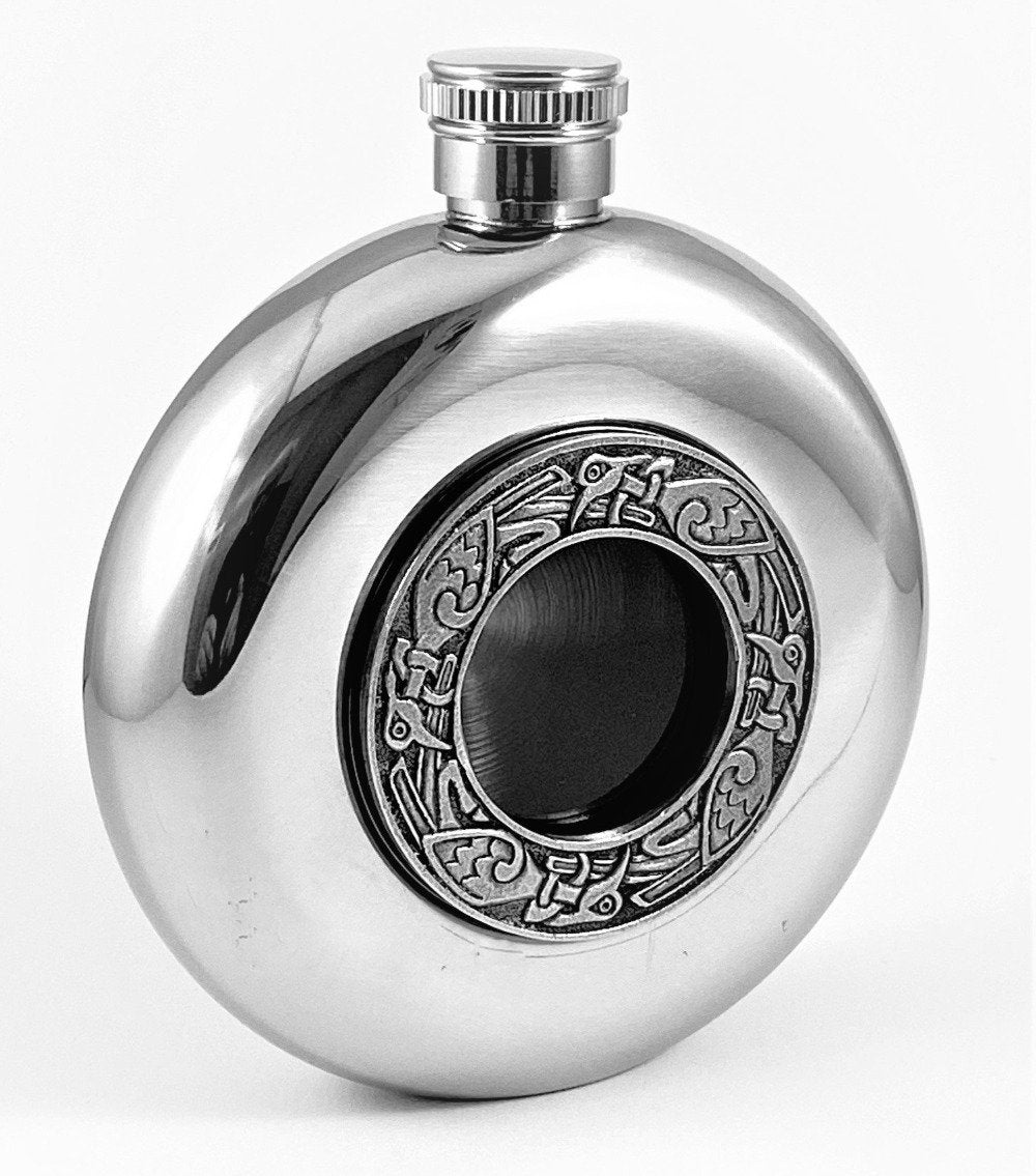 Round Whiskey Flask with Glass Center and Four Entwined Celtic Birds