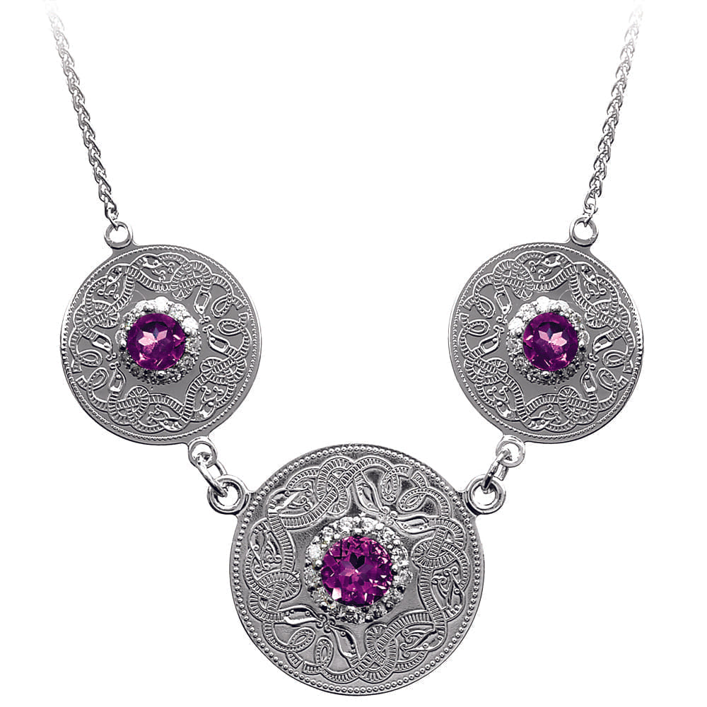Celtic Warrior Necklace with Amethyst and CZ Stones - Triple Disc