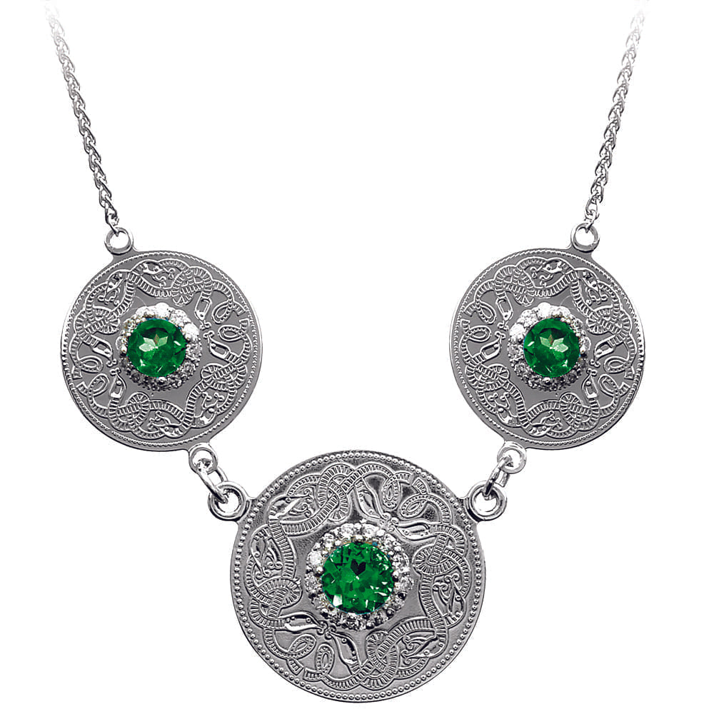 Celtic Warrior Necklace with Emerald and CZ Stones - Triple Disc