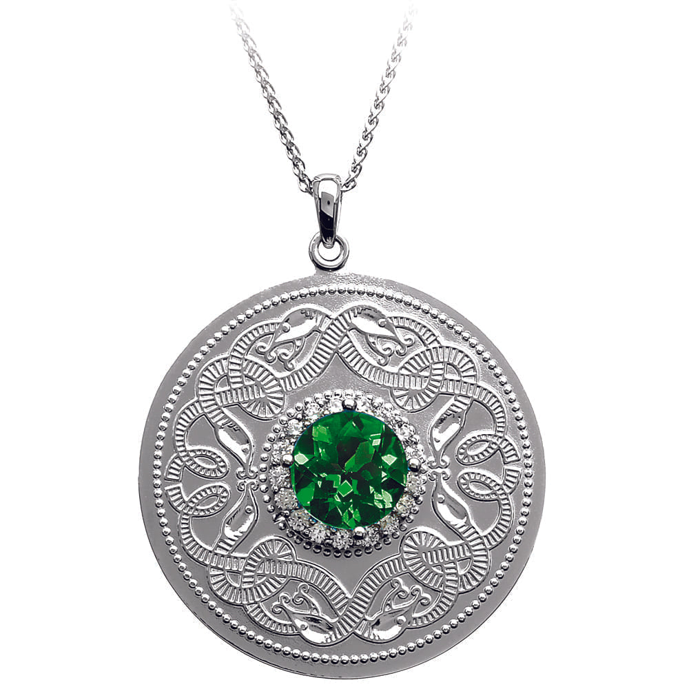 Celtic Warrior Necklace with Emerald and Clear CZ Stones - Large