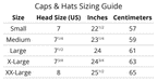 Sizing guide for our caps and hats. A text version is available by clicking on the 'SIZING GUIDE' link, located below the 'Add to Cart' button and social media icons.