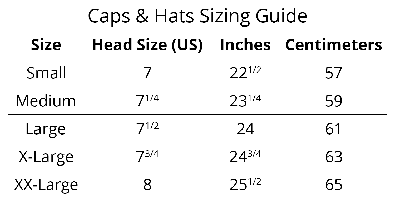 Sizing guide for our caps and hats. A text version is available by clicking on the 'SIZING GUIDE' link, located below the 'Add to Cart' button and social media icons.