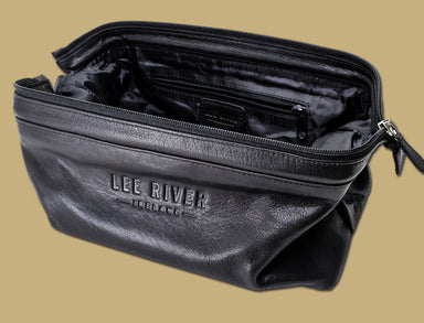 Inside view of Lee River Leather black leather toilet bag