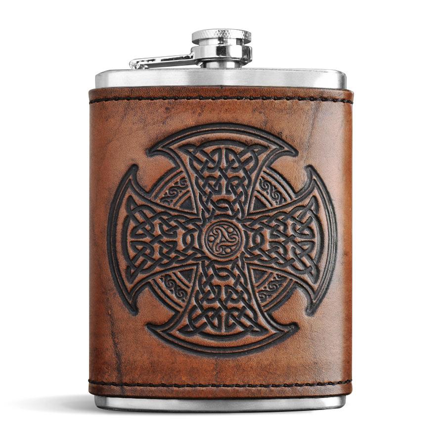 Brown Leather Wrapped Flask - Celtic High Cross