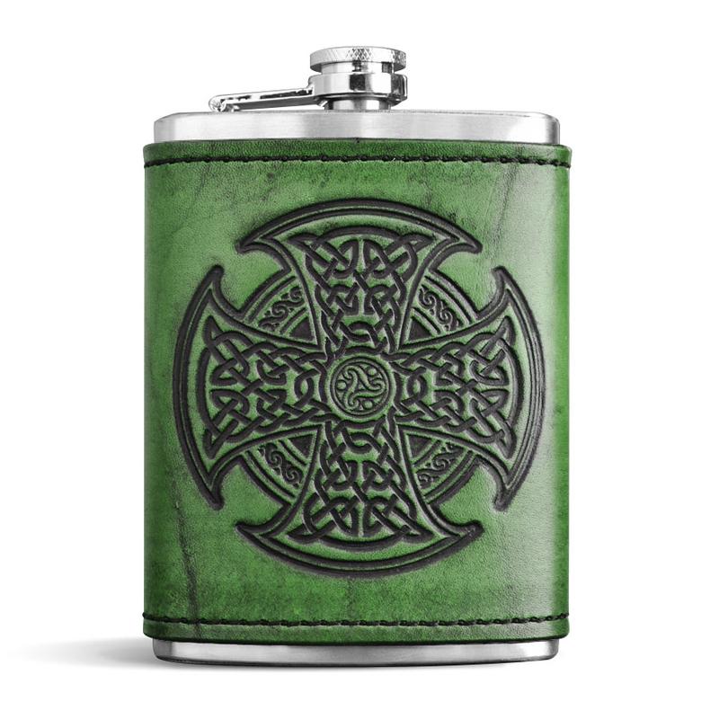 Green Leather Wrapped Flask - Celtic High Cross