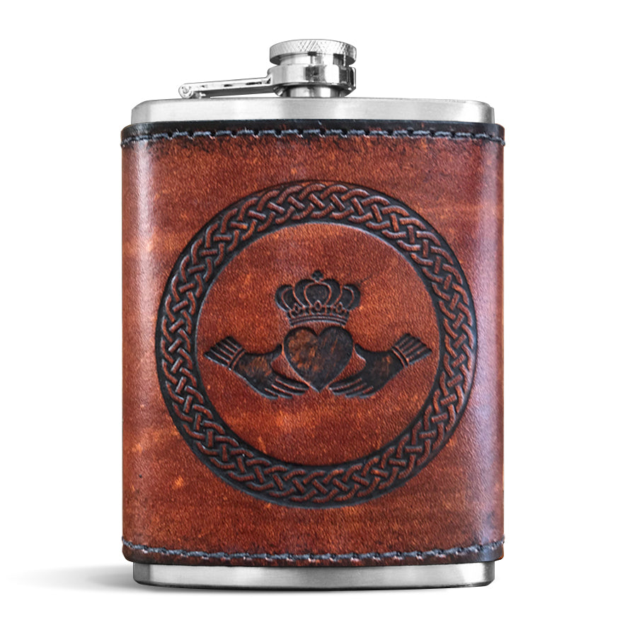 Brown Leather Wrapped Flask - Claddagh