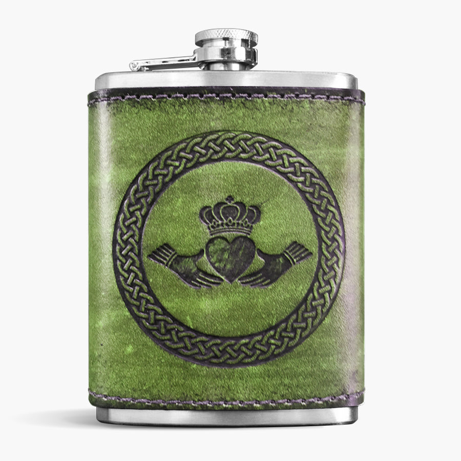 Green Leather Wrapped Flask - Claddagh