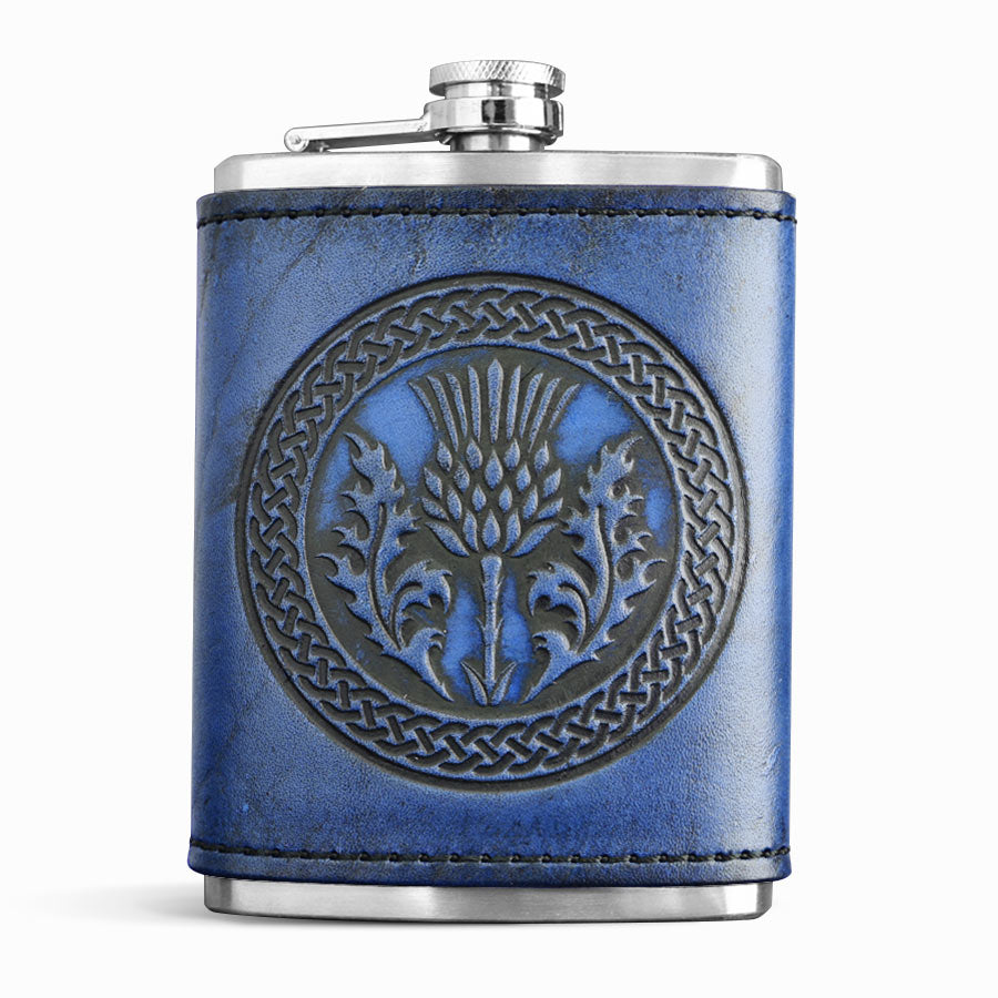 Blue Leather Wrapped Flask - Scottish Thistle