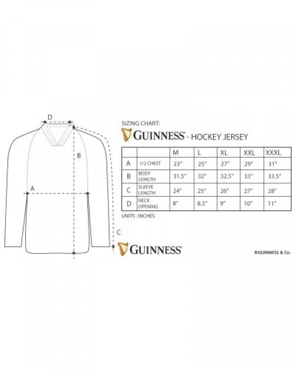 Guiness Hockey Jersey size chart