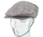 Front view of a black herringbone heavyweight tweed vintage style cap made by Hanna Hats