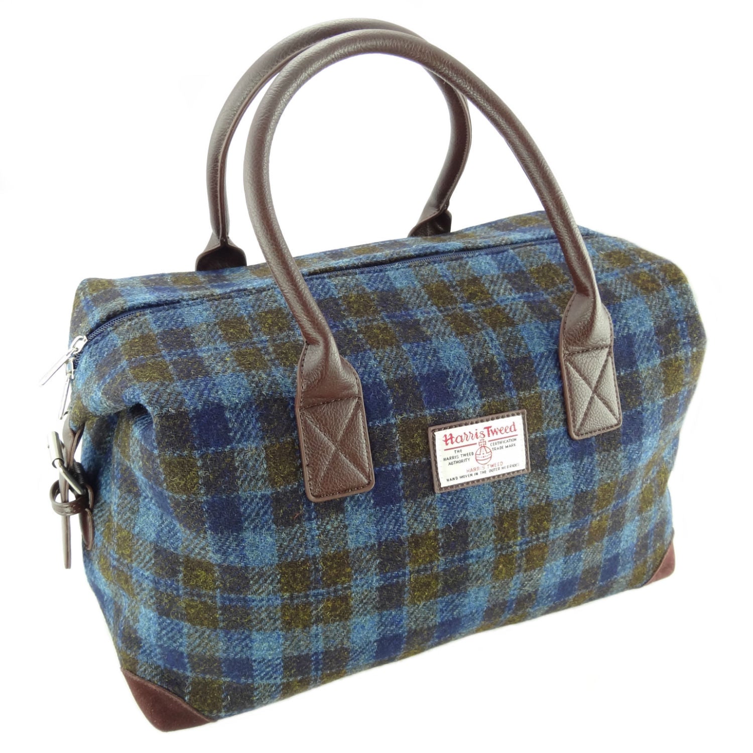 Blue and Brown Check Scottish Harris Tweed Overnight Bag  Glen Appin