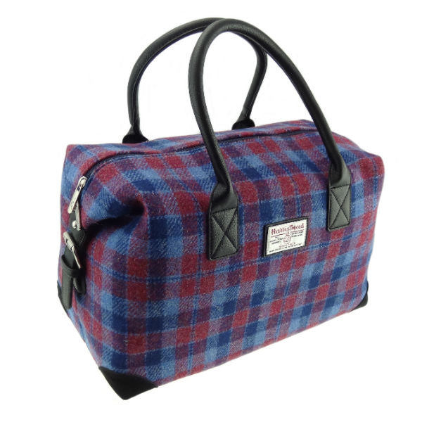 Light Blue and Red Check Scottish Harris Tweed Overnight Bag  Glen Appin
