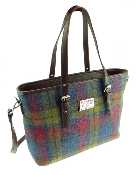 Multi Color Tartan Scottish Harris Tweed Women's Large Tote Bag with Shoulder Strap Glen Appin of Scotland