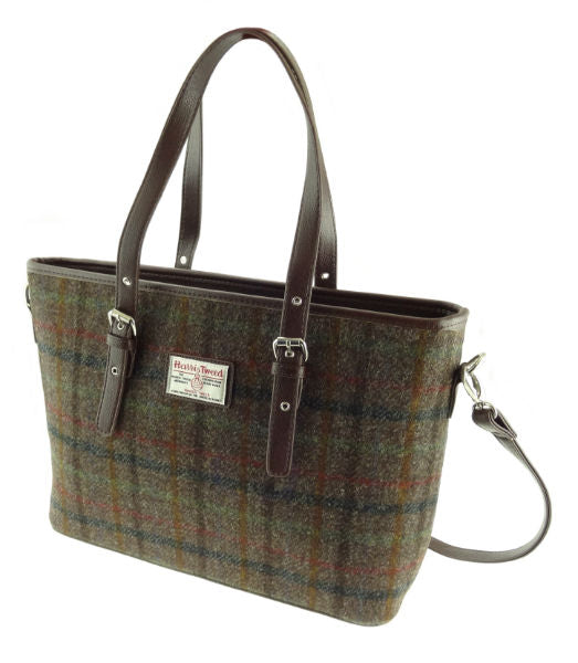 Brown and Green Plaid Scottish Harris Tweed Women's Large Tote Bag with Shoulder Strap Glen Appin of Scotland