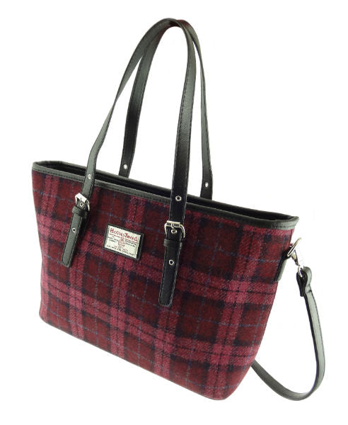 Raspberry Check Scottish Harris Tweed Women's Large Tote Bag with Shoulder Strap Glen Appin of Scotland