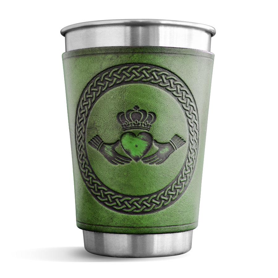 Green Leather Wrapped Pint - Claddagh