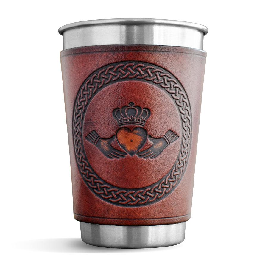Brown Leather Wrapped Pint - Claddagh