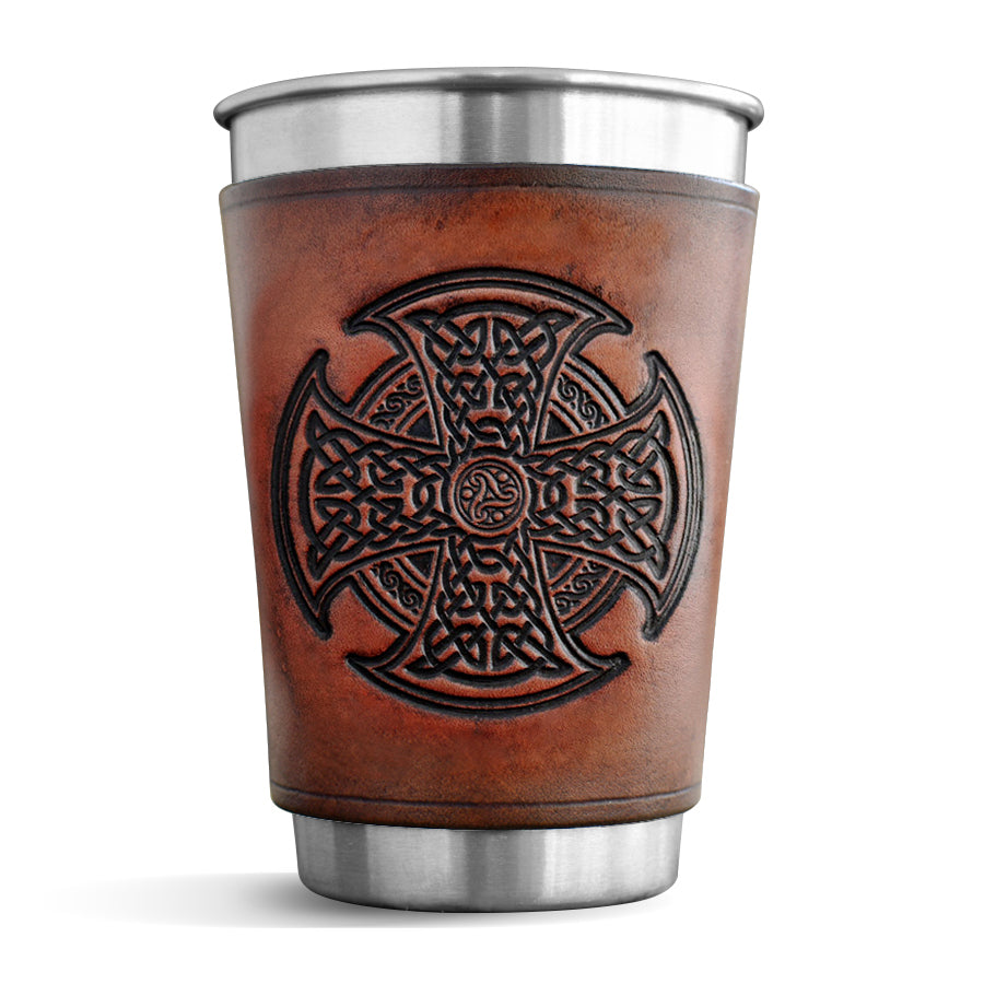 Brown Leather Wrapped Pint - Celtic High Cross