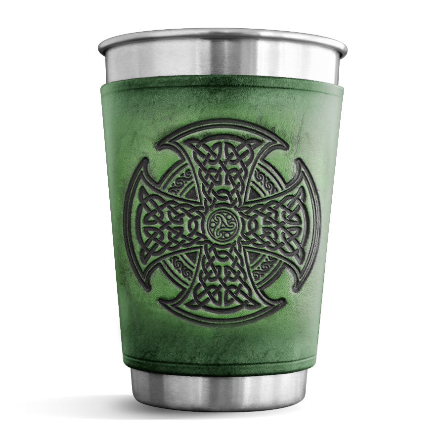 Green Leather Wrapped Pint - Celtic High Cross