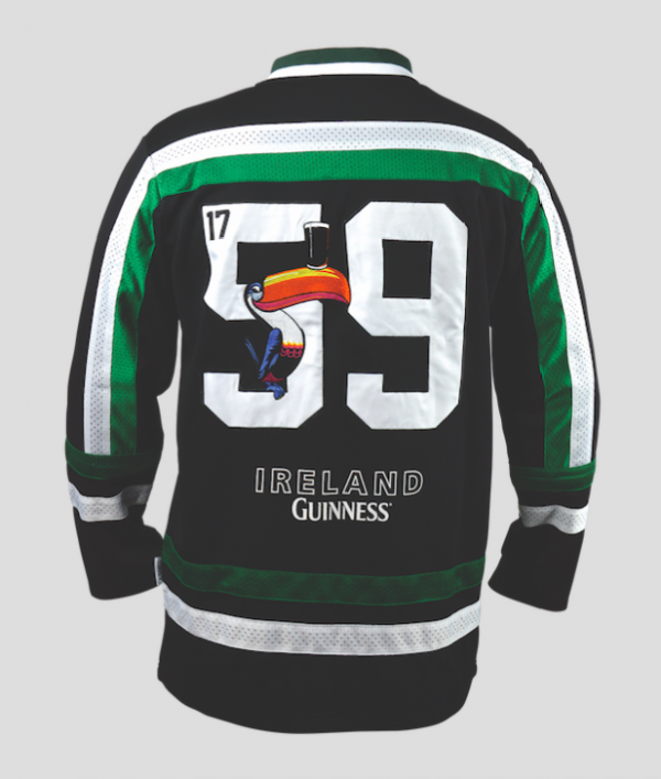 Front of Guinness Toucan Hockey Jersey Green and Black with image of Toucan and the numbers 17 small and 59 large across the back