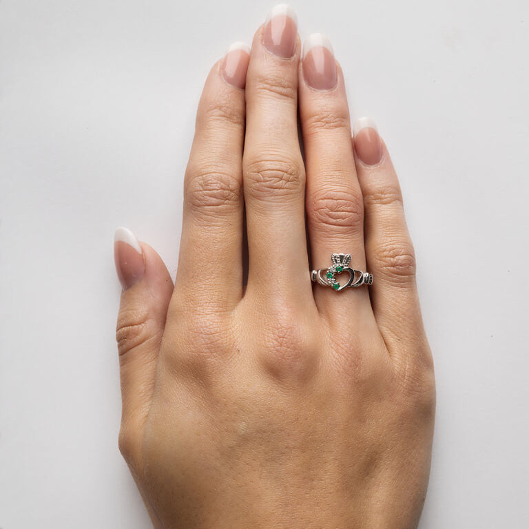 Open Heart Claddagh Ring w/ Green Crystals