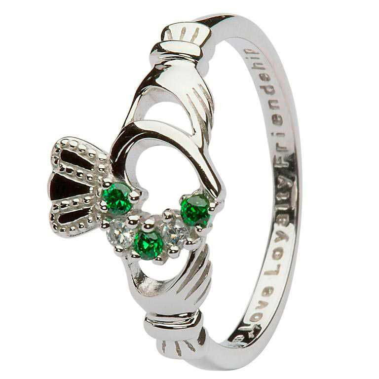 Open Heart Claddagh Ring w/ Green Crystals